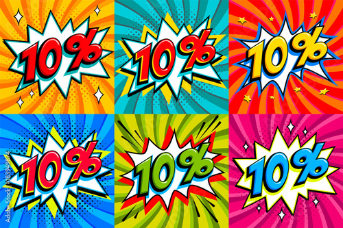 Sale set. Sale Ten percent 10 off tags on a Comics style bang shape background. Pop art comic discount promotion banners. Seasonal discounts, Black Friday, cyber monday.