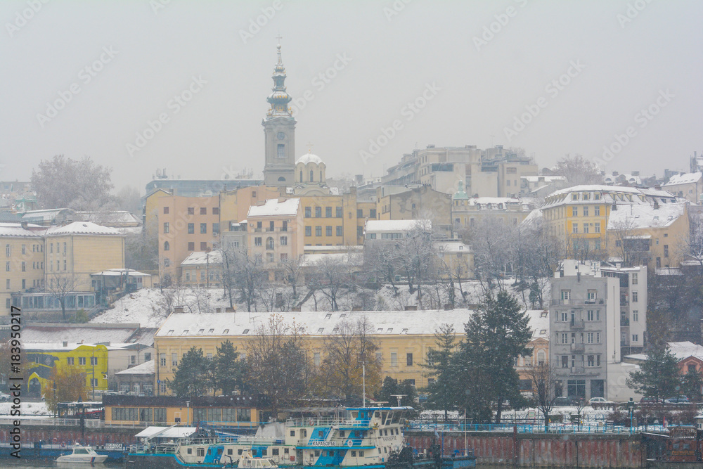 Belgrade, Serbia December 03, 2017: Winter panorama of The Cathedral Church of St. Michael the Archangel and Belgrade town