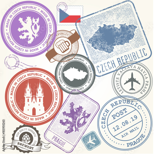 Czech travel stamps set - Prague journey symbols
