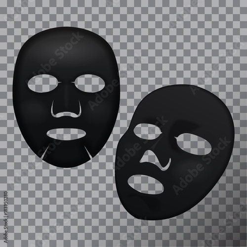 Vector realistic black facial cosmetic sheet mask on transparent background