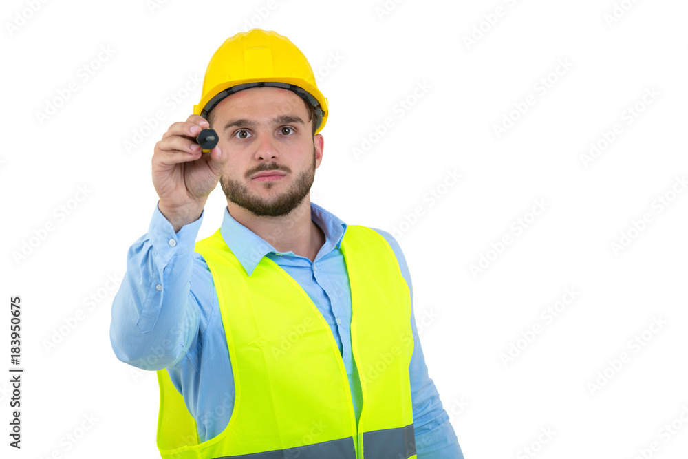 Happy professional engineer pointing to something isolated on white background. Happy professional engineer pointing to something isolated on white background.