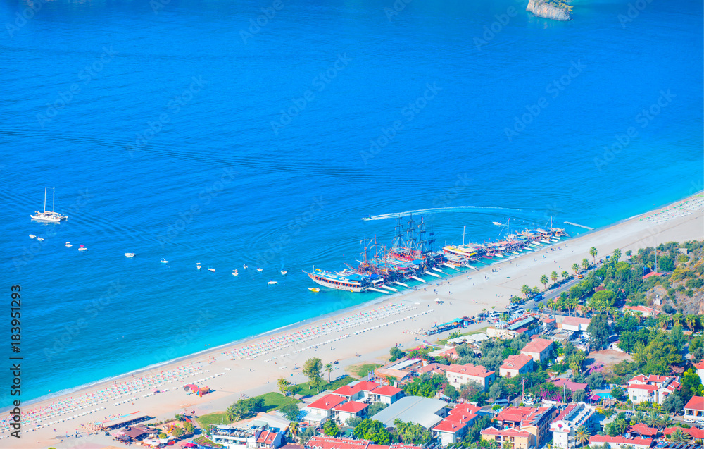 Oludeniz lagoon in sea landscape view of beach, Turkey