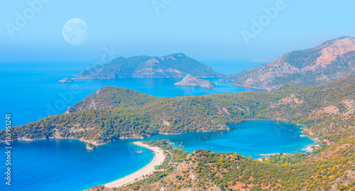 Oludeniz lagoon in sea landscape view of beach, Turkey