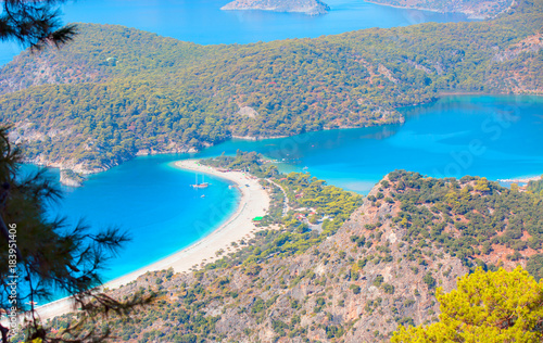 Oludeniz lagoon in sea landscape view of beach, Turkey