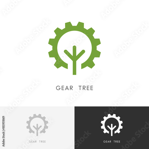 Gear wheel and tree logo - green plant and pinion symbol. Ecology, nature and industry vector icon.