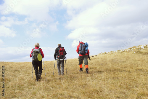 Group of tourists with backpacks on a mountain trail