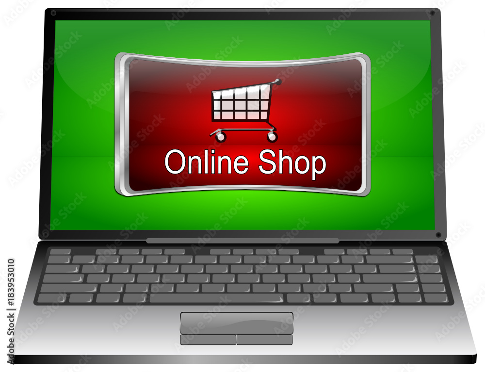 Laptop Computer with online Shop Button - 3D illustration Laptop Computer with online Shop Button - 3D illustration