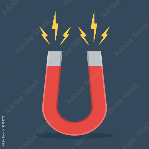 Red horseshoe magnet sign. Magnetism, magnetize, attraction concept. Flat design icon. Vector illustration on dark background with drop shadow