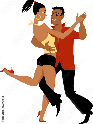 Young Latin couple dancing salsa or bachata, EPS 8 vector illustration, no transparencies, isolated on white
