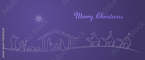 Christmas time. Nativity scene with Mary, Joseph, baby Jesus, shepherds and three kings.
