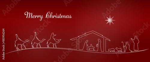 Christmas time. Nativity scene with Mary, Joseph, baby Jesus, shepherds and three kings.