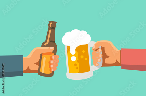 Two hands holding beer glass and beer botle.
