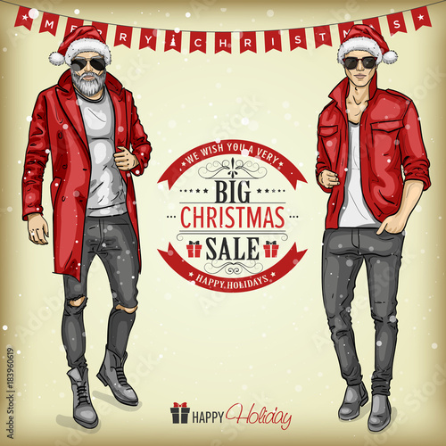 Man models with Santa hats