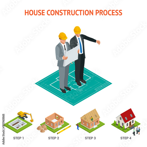 Isometric set stage-by-stage construction of a brick house. House building process. Foundation pouring, construction of walls, roof installation and landscape design vector illustration.