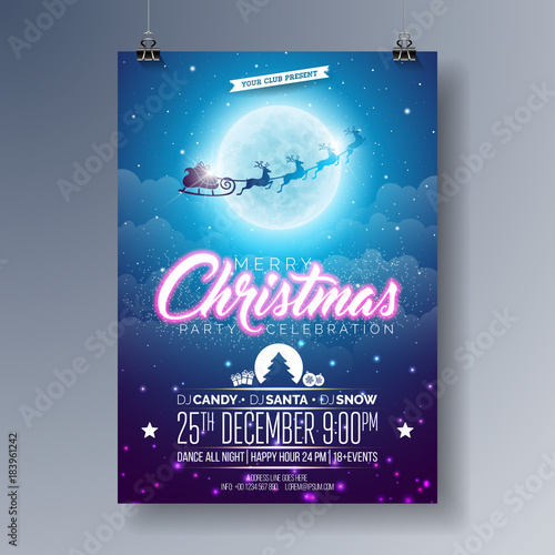Vector Merry Christmas Party Flyer Illustration with Flying Santa in the Moon on Blue Night Sky Background. Premium Celebration Poster Illustration. photo