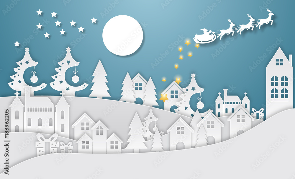 Winter Snow Urban Countryside Landscape City Village with ful lm. Winter holiday snow in city town background with santa, deer and tree. Christmas season paper art style illustration.