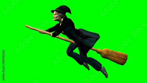 Befana su scopa volante su sfondo chroma key
