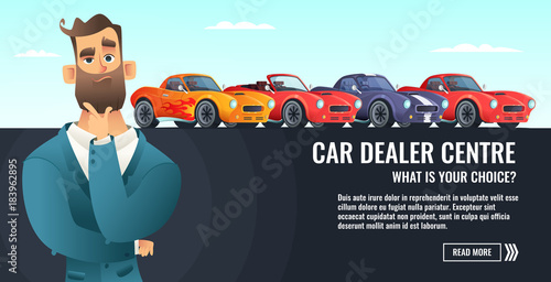 Car dealer centre concept banner. Automobile salling or rent. Auto business cartoon style illustration.