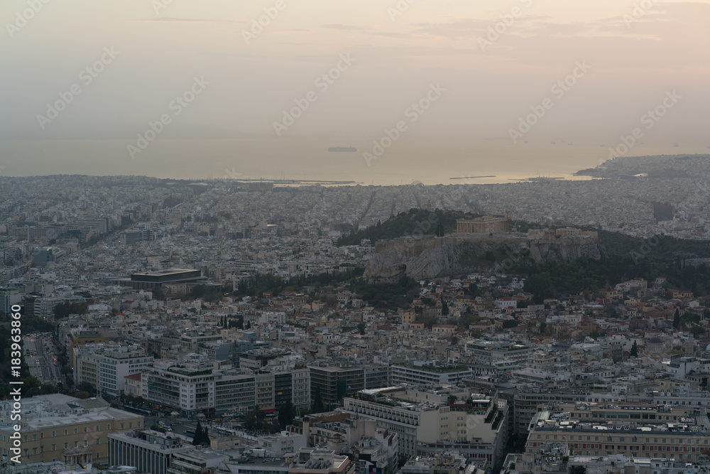 view of Athens and the Acropolis from the Mount Lycabettus after sunset view of Athens and the Acropolis from the Mount Lycabettus after sunset