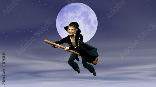 Befana su scopa volante con sfondo la luna photo