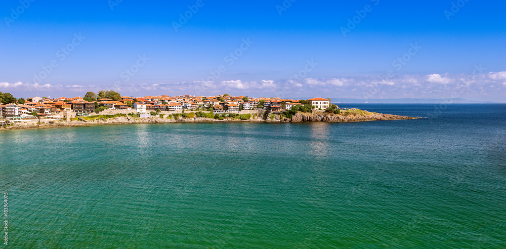 Landscape with the view of the part of old Sozopol town surrounded by the sea. Bulgaria, the Black Sea coast.