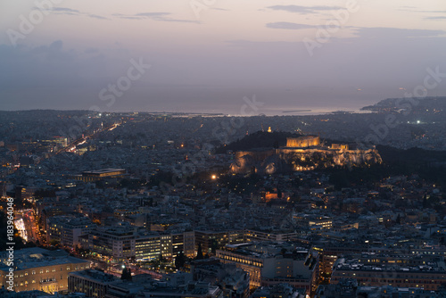 view of Athens and the Acropolis from the Mount Lycabettus at dusk