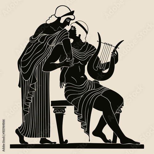 Vector vintage Greek national drawing. Mythological plot Paris steals Elena. Black pattern isolated on beige background.