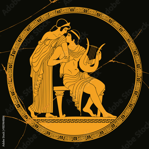 Vector vintage Greek national drawing. Mythological plot Paris steals Elena. Drawing on the bottom of the black antique plate with a crack.