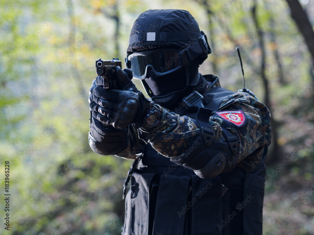 Police officer on duty.National marks on uniform