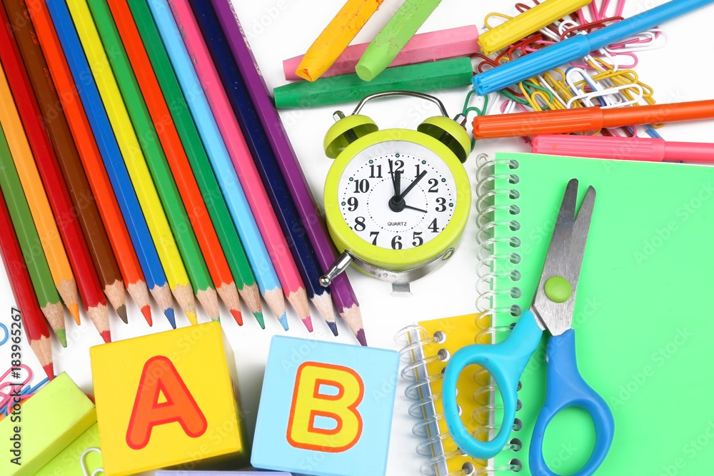 Primary school stationary and colorful pencils Primary school stationary and colorful pencils