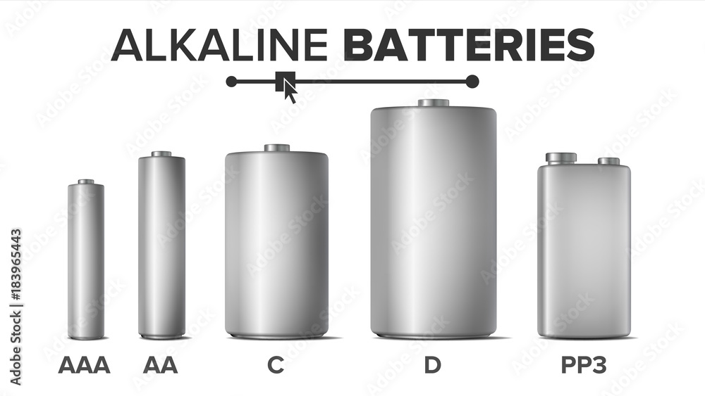 Alkaline Batteries Mock Up Set Vector. Different Types AAA, AA, C, D, PP3,  9 Volt. Standard Modern Realistic Battery. Metal Clean Empty Template Good  For Branding Design. Isolated Illustration Stock Vector