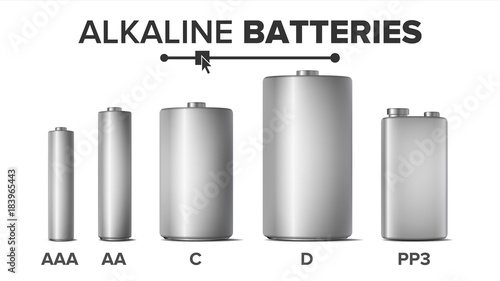 Alkaline Batteries Mock Up Set Vector. Different Types AAA, AA, C, D, PP3, 9 Volt. Standard Modern Realistic Battery. Metal Clean Empty Template Good For Branding Design. Isolated Illustration