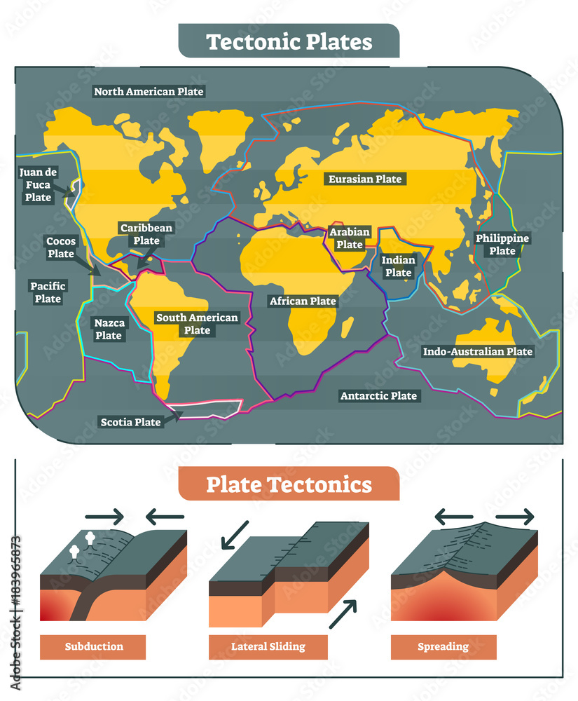 Tectonic Plates world map vector diagram and tectonic movement  illustrations showing subduction, lateral sliding and spreading process.  vector de Stock | Adobe Stock