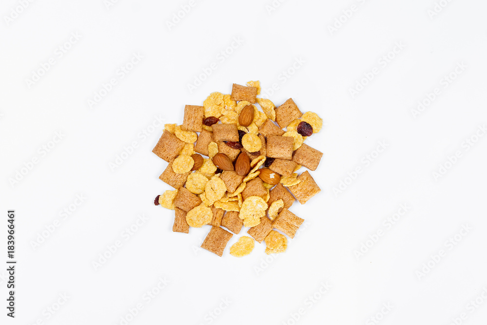 Morning breakfast. Bowl with homemade yogurt and cornflakes, raisins, almonds on white background, top view, flat lay. Concept of healthy food, healthy food, detox. Copy Space