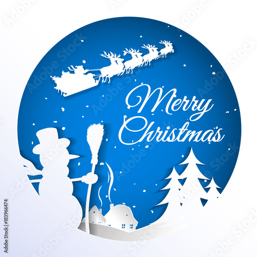 Vector Illustration of Santa Claus on the sky coming to village, paper art and craft style.
