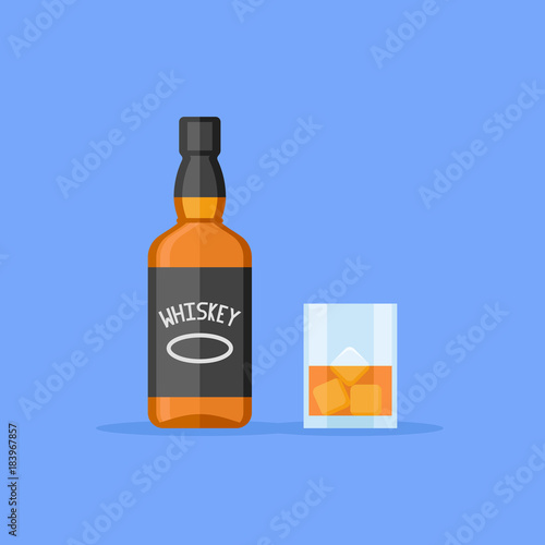 Bottle and glass of whiskey with ice isolated on blue background. Flat style vector illustration.