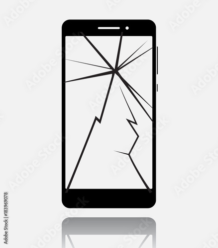 Broken smartphone with cracked touch screen, cell phone flat icon pictogram with reflection and shadow isolated on white background. Vector illustration.