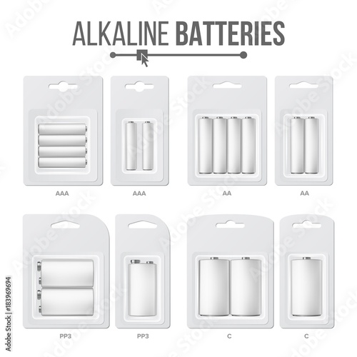 Batteries Packed Set Vector. Different Types AAA, AA, C, D, PP3, 9 Volt. Alkaline Battery In Blister. Realistic Glossy Battery Accumulator. Mock Up For Branding Design. Closeup Isolated Illustration