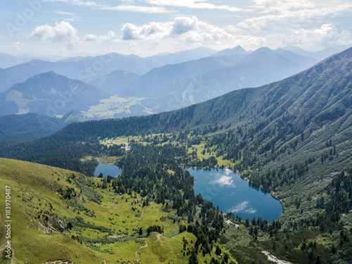 Austrian Mountain Hauseck with the lake Scheibelsee - drone view