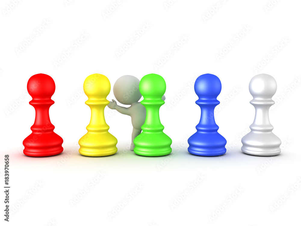 3D Character waving from behind row of colorful chess pawns 3D Character waving from behind row of colorful chess pawns