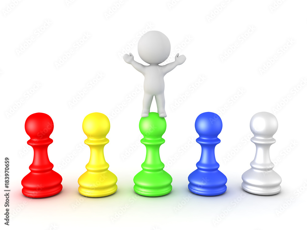 3D Character standing with his arms raised on top of colorful pawns 3D Character standing with his arms raised on top of colorful pawns
