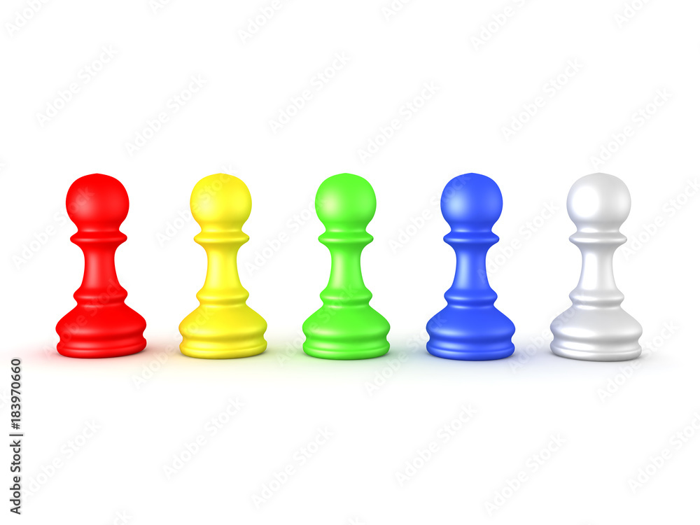3D illustration of many colored chess pawns 3D illustration of many colored chess pawns