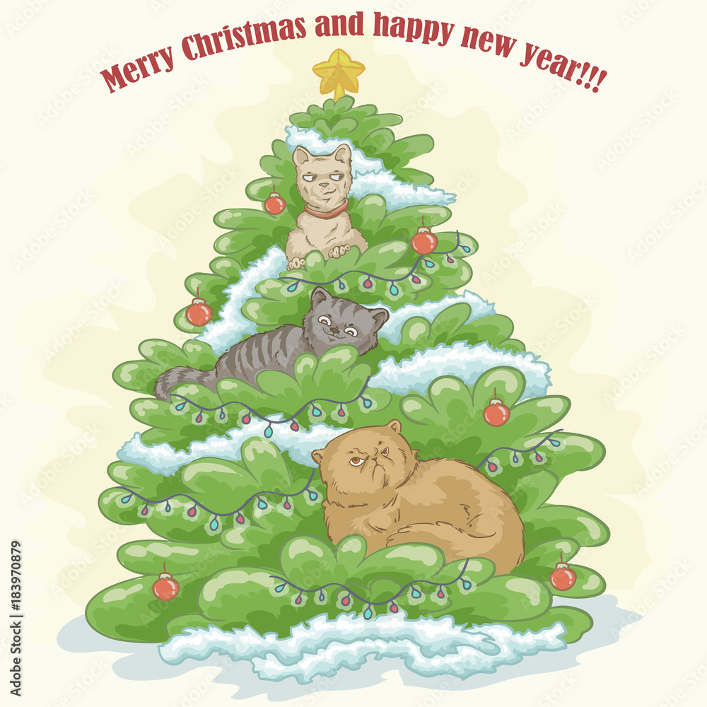 Obraz premium Christmas fir tree on which sit the cats. Vector illustration.