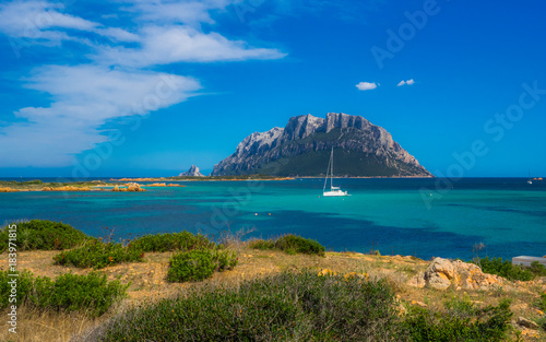 isola tavolara with sailboat on a sunny day on sardinia