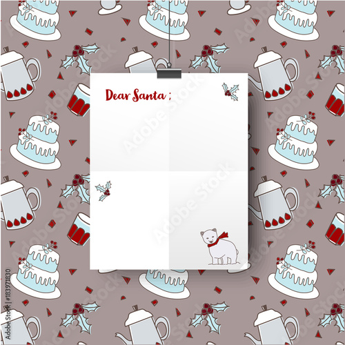 A Christmas Santa hanging white paper letter with Christmas pattern, party drink, coffee, tea, cup, glass, cake, gift, polar bear, for holly jolly celebration, card scrapbook wrapping background paper