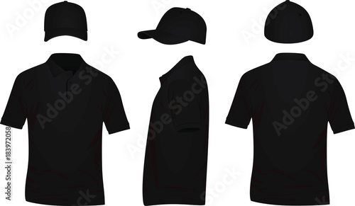 Black polo t shirt and baseball cap. vector illustration
