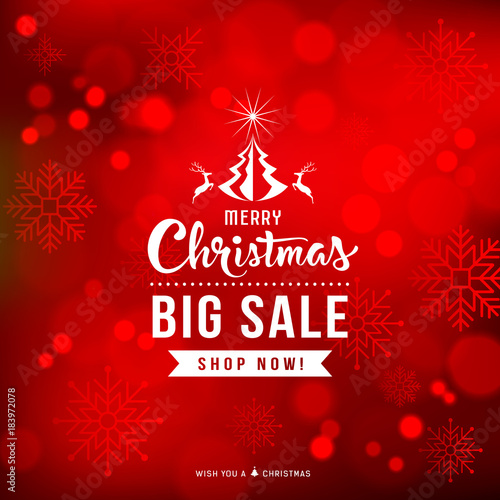 Merry Christmas sale concept design with snowflake on red background, vector illustration