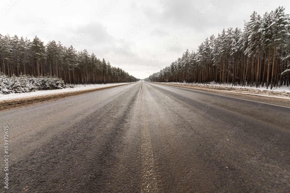icy road passing through a picturesque pine forest icy road passing through a picturesque pine forest