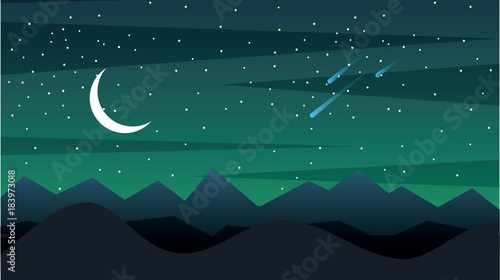 Space landscape with silhouette mountains and crescent moon