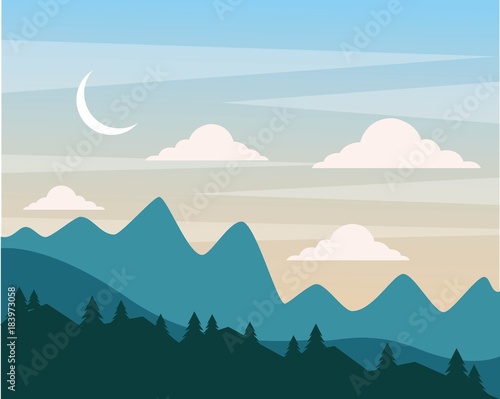 Fototapeta Naklejka Na Ścianę i Meble -  night hills landscape mountains trees and moon clouds sky vector illustration